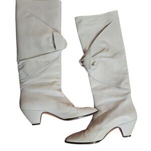 Casadei Bow Front Cream Heeled Boots 8 Italian Leather Knee-High Quiet Luxury